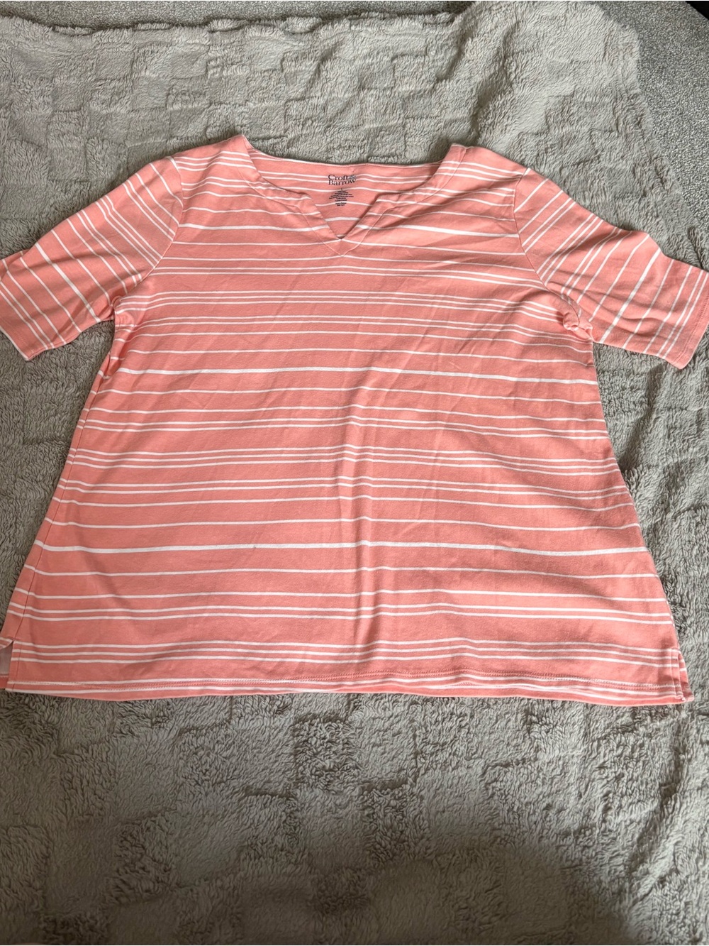croft & barrow Coral and White Striped V-Neck Short Sleeve Tee